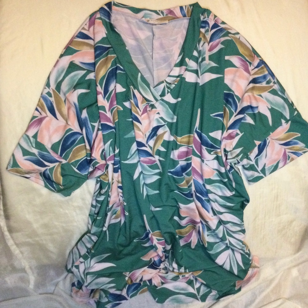 Women Tropical Palm Leaf Pima Classic Fit Green Floral Top Pullover Tee Shirt M